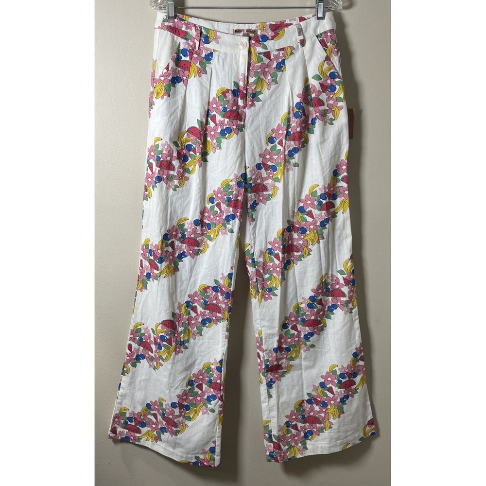 Bailey Rose Floral Tropical Fruit High Waisted Wide Leg Pants Women's Size Large